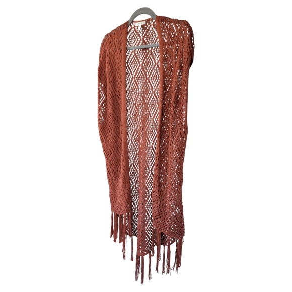 Maurices S Fringe Crochet Knit Duster Boho Gypsy Cardigan Vest Rust Orange - Picture 6 of 12